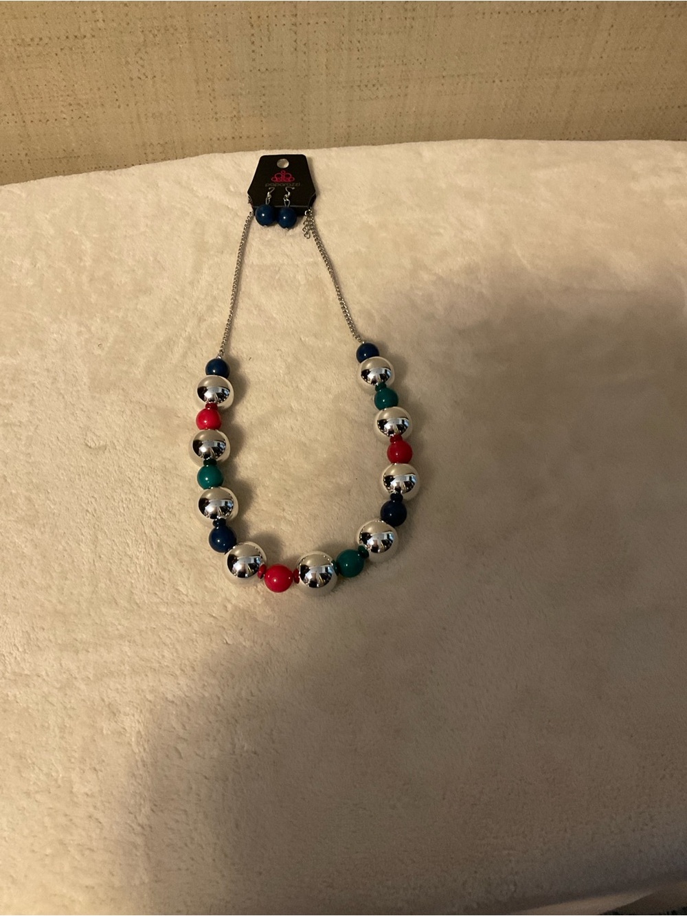 paparazzi Silver Bead Necklace with Blue, Red, and Teal Accents